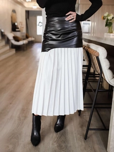 Women High Waist Patchwork PU Leather Pleated Midi Skirt Streetwear Contrast Mesh Color Block Elegant Long A-Line Skirt