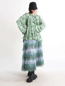 Retro print shirt with oversized bow and tiered gradient tulle skirt ensemble