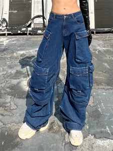 Vaqueros Cargo de Cintura Alta para Mujer Multibolsillos Pierna Ancha Baggy Pantalones de Mezclilla Streetwear Casual Pantalón de Moda Mujer