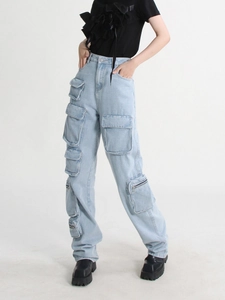 High-waist light blue cargo wide-leg jeans with multiple pockets and street style design