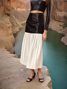 Street style high waist faux leather midi skirt with pleated white mesh patchwork detail