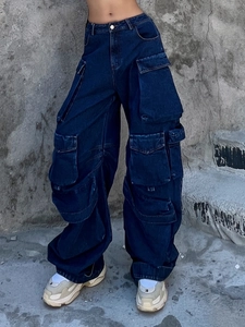 Vaqueros cargo anchos azul oscuro con múltiples bolsillos y estilo retro de moda urbana