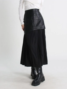 High waist black PU leather pleated midi skirt with mesh patchwork for street style look