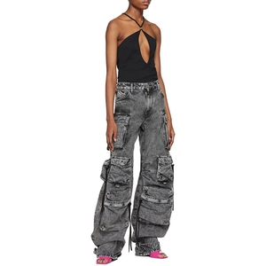 Women High Waist Cargo Wide Leg Pants Multi Pockets Streetwear Acid Wash Distressed Polyester Blend Long Trousers
