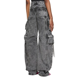 Fashionable smoky grey acid wash cargo pants with multiple pockets in a wide leg fit