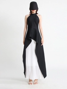 Fashionable halter neck irregular black top and white pleated maxi skirt two-piece dress set
