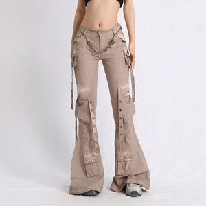 Detail of khaki cargo flare pants with multi-pockets, straps and metal waist chain