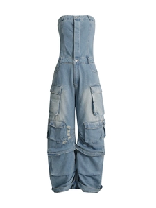 Strapless light blue wash denim utility jumpsuit with multi-pockets and a fitted waist