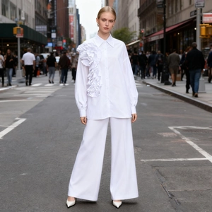Dettaglio della camicia bianca con ampie pieghe a balze e fiori decorativi in tessuto applicati