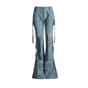 Detail of high-waisted cargo flare pants with multi-pockets and eyelet strap accents
