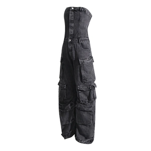 Detail of cargo-style denim jumpsuit with multi-pocket design and strapless neckline