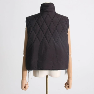 Back view of black quilted puffer vest with stand collar and side metal chain drawstrings
