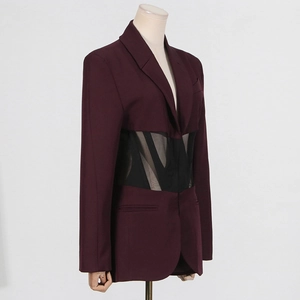 Detail of burgundy blazer with black sheer mesh waist panel and tailored fit