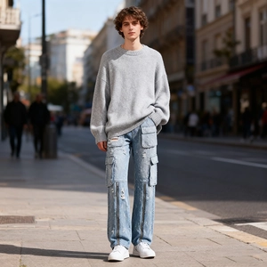 Détail du jean bleu clair délavé à jambe droite avec zip décoratif et poches cargo