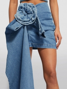 Femme Jupe en Jean Fleur Rose 3D Drapé Asymétrique Lavé Bleu Mini Jupe Vintage Streetwear Jupe en Jean Ligne A Taille Haute