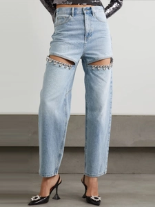 Jeans a vita alta a gamba larga celeste con ritagli di strass a forma di cuore da donna