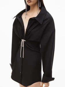 Robe chemise noire à manches longues avec nœud en strass et col élégant pour femme
