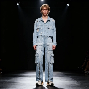 Détail du jean cargo multipoches avec un design de fermeture éclair sur la jambe droite