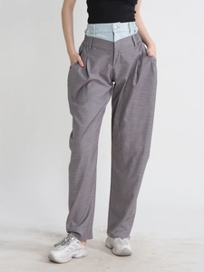 Pantalon Large à Carreaux à Taille Haute pour Femmes Décontracté Patchwork Double Ceinture Pantalon Droit Plissé Large Streetwear