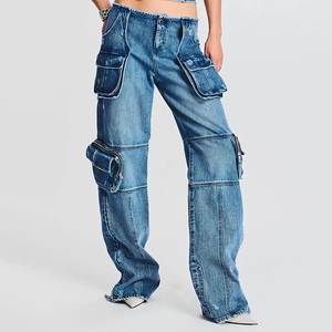 Detailed view of high waist cargo jeans with multiple utility pockets and side zippers