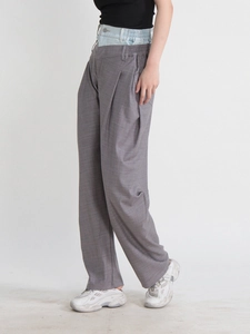 Pantalon à carreaux gris pour femme avec taille double couche en denim contrasté