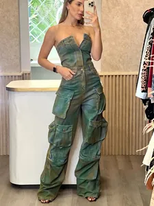 Combinaison Cargo Camouflage Sans Bretelles Femme Sexy Barboteuse Vintage Multi Poches Jambe Large Mode Streetwear Combinaison