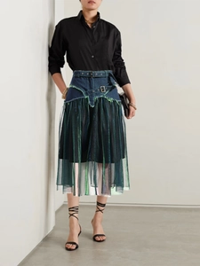 Women Fashion Denim Mesh Splicing Midi Skirt High Waist Iridescent Tulle Skirt With Double Buckle Belt Contrast Stitching