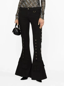 Women High Waist Cargo Flare Pants With Multi Pockets Metal Eyelets Streetwear Y2K Flared Trousers Casual Party Fashion Pant