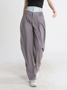Pantalon large gris à carreaux gris avec taille double couche en jean style décontracté