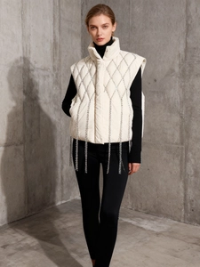 Women Luxury Rhinestone Tassel Puffer Vest Stand Collar Quilted Sleeveless Jacket Solid Color Fashion Warm Bread Waistcoat