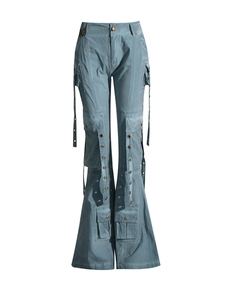 High waist flared cargo pants for women in blue featuring long eyelet straps
