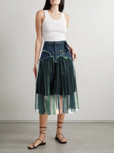 Fashionable denim tulle patchwork high waist A-line midi skirt with dual belt loop detail