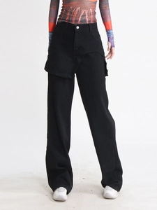 Jeans neri a vita alta e gamba larga da donna con design a doppio strato stile gonna