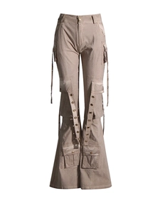 High-waist khaki cargo flare pants with eyelet ribbons and wide leg style for women