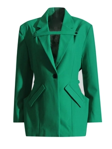 Blazer cintré vert pour femme avec bride décorative et fermeture à bouton unique noir