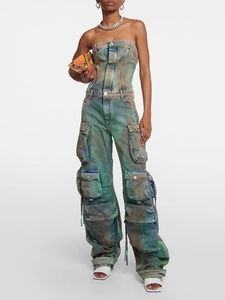 Combinaison cargo sans manches camouflage avec poches et finition denim délavé vintage