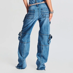 Rear view of high-waist cargo jeans with utility flap pockets and denim wash texture