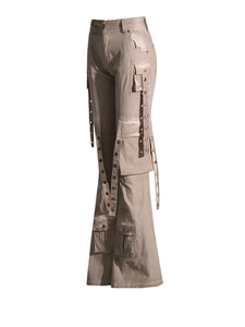 High-waist khaki cargo wide-leg pants with decorative grommet ribbons and multi-pockets