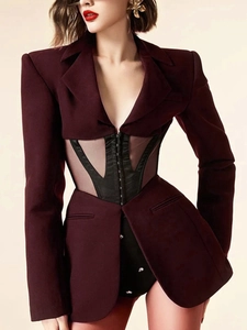 French style burgundy cropped blazer with sheer mesh corset waist and metallic hooks