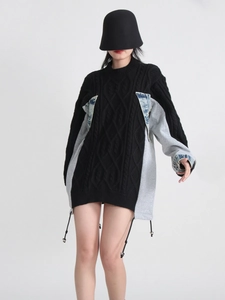 Chic black cable knit sweater with denim patchwork details and long sleeves for women