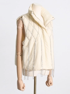 Creamy white padded vest with sparkling rhinestone fringe and stand collar for women