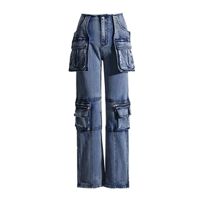 Detail of high waist straight cargo jeans with large flap pockets and metal zippers
