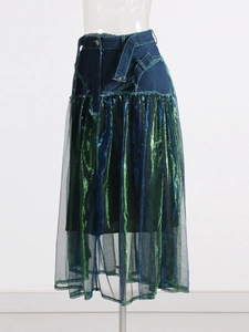 Fashionable high waist A-line midi skirt with denim and metallic pleated mesh splicing