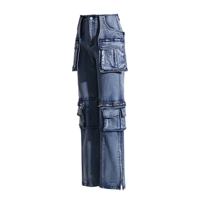 Detail view of high-waist cargo jeans with 3D flap pockets and metal zipper accents