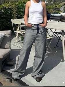Women Contrast Color Patchwork High Waist Wide Leg Jeans Retro Casual Straight Denim Long Pants Commuter Streetwear Blue