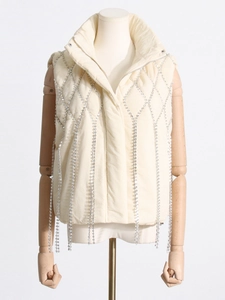 Off-white stand collar puffer vest with sparkling rhinestone tassel fringes for women