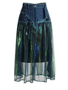 Fashionable high waist A-line skirt with denim mesh patchwork and vibrant green stitching