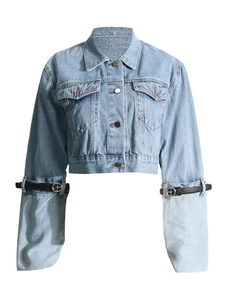 Short denim jacket with contrast sleeves and adjustable black leather buckles details