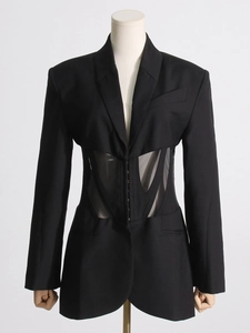 French corset style blazer with sheer mesh waist and boning details in black