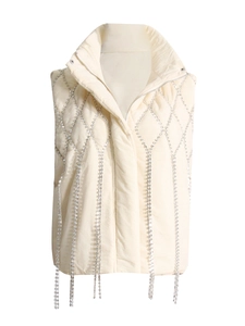 Chic beige quilted puffer vest with rhinestone fringe and stand collar for women